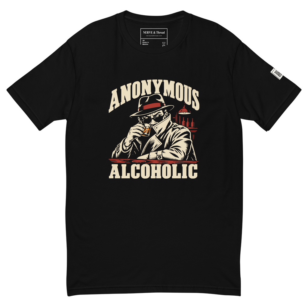 Anonymous Alcoholic graphic tee in black, front view with printed inside branding and sleeve QR