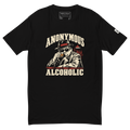 Anonymous Alcoholic graphic tee in black, front view with printed inside branding and sleeve QR