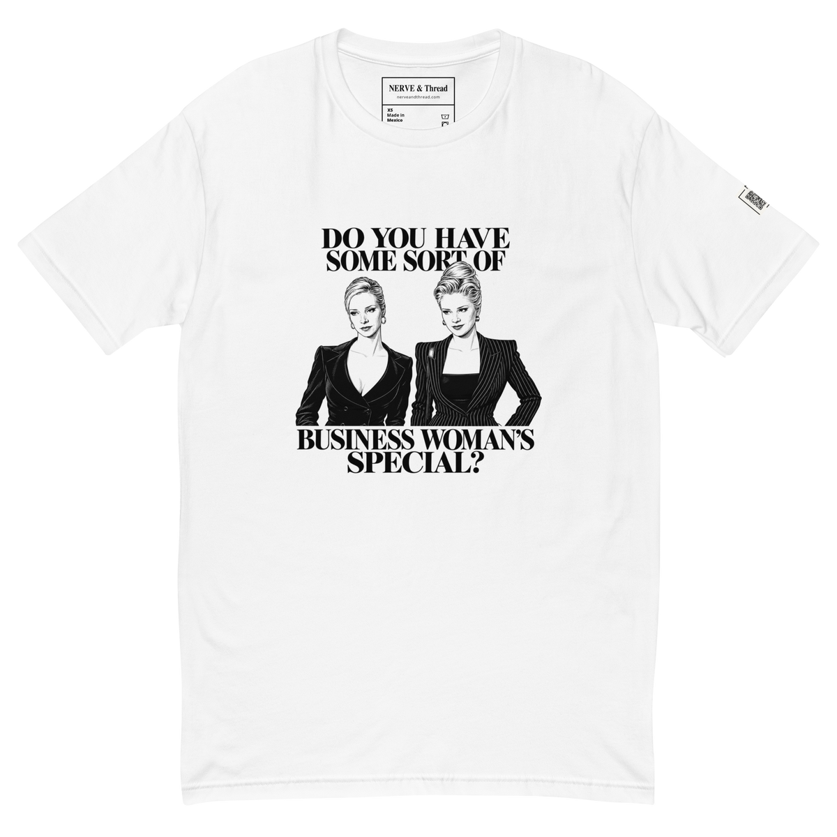 Business Woman’s Special graphic tee in white, front view with printed inside branding and sleeve QR