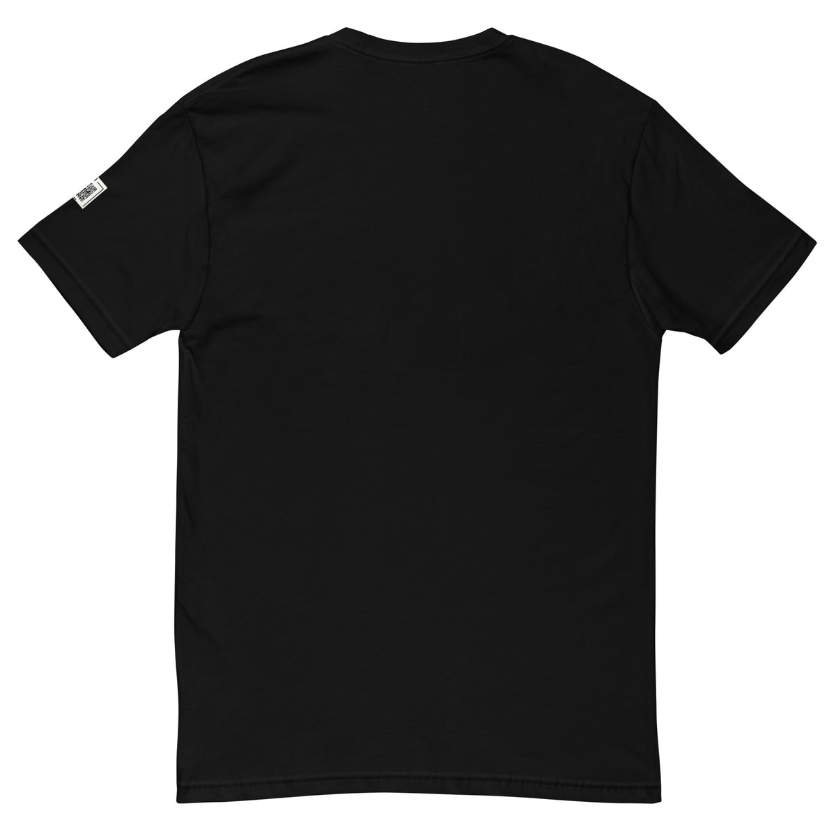 Black Held / Accountable graphic tee, back view with an unprinted back and left-sleeve QR code.