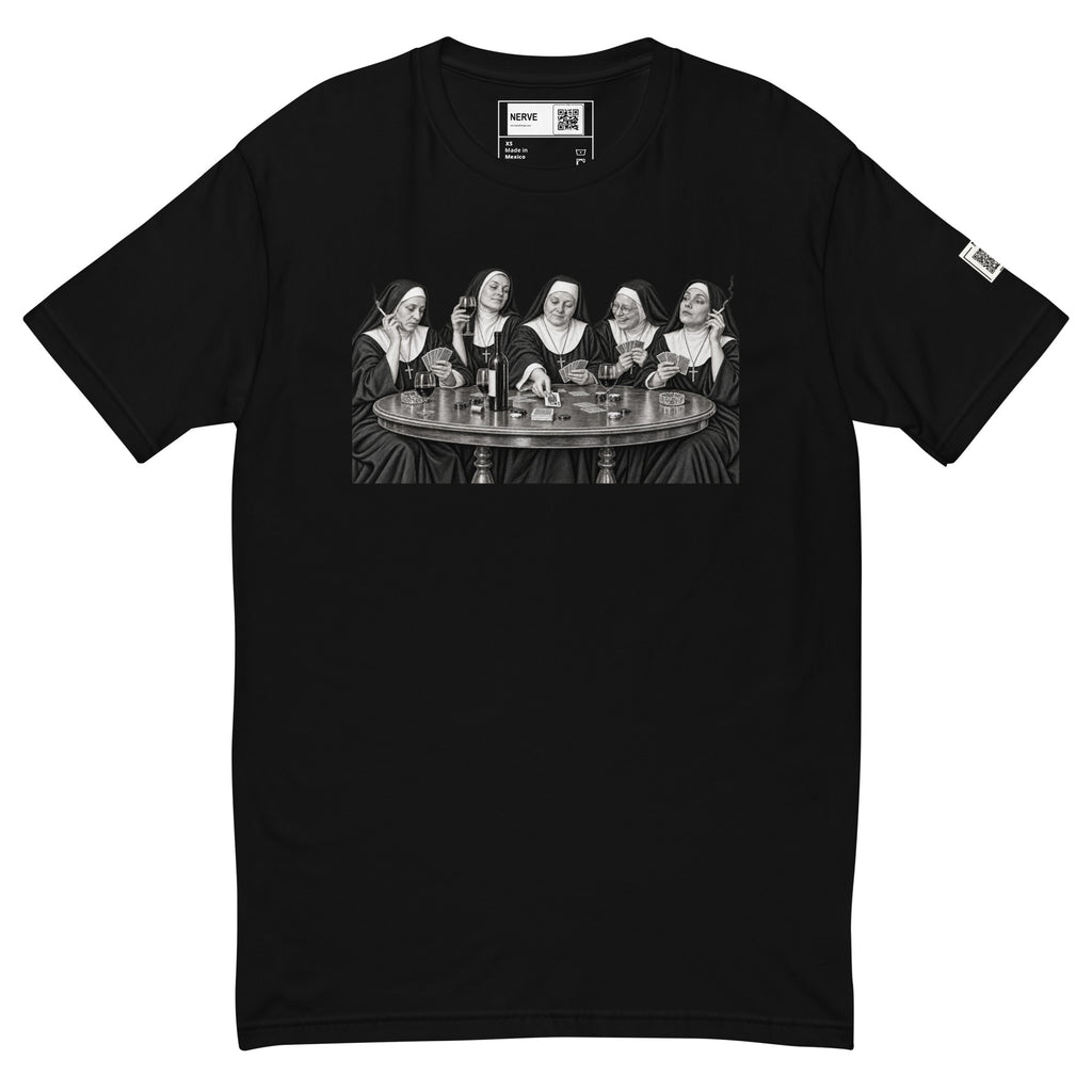 Black short-sleeve tee with a black-and-white illustration of five nuns holding cards around a round table.