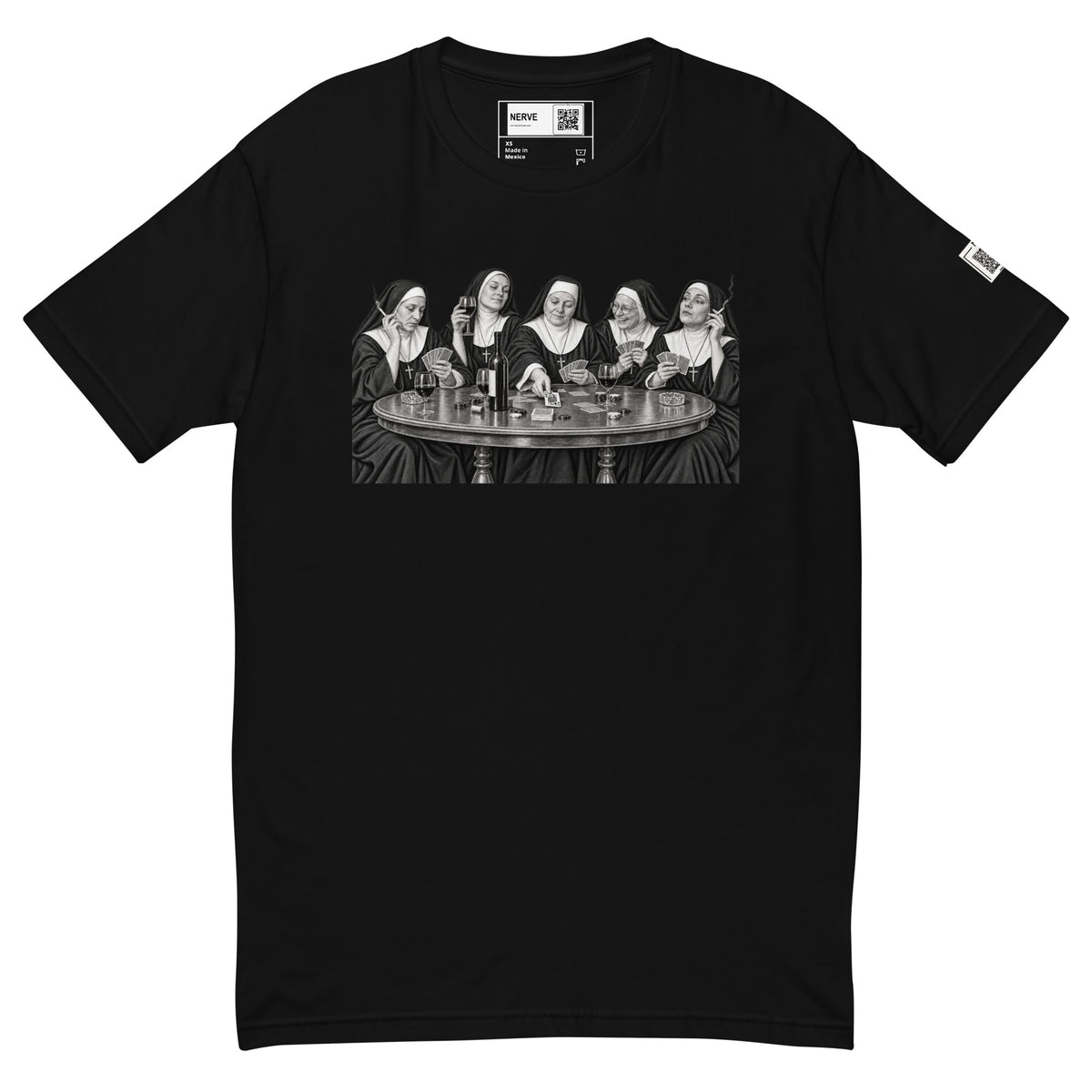 Black short-sleeve tee with a black-and-white illustration of five nuns holding cards around a round table.