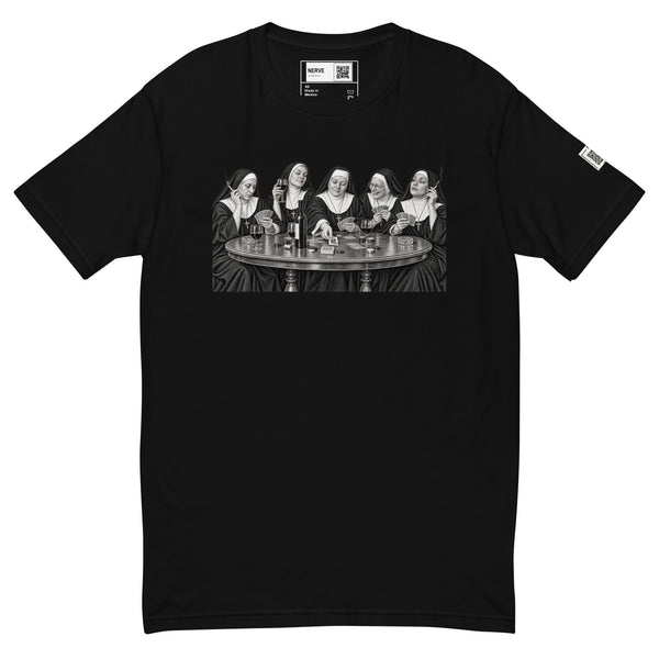 Black short-sleeve tee with a black-and-white illustration of five nuns holding cards around a round table.