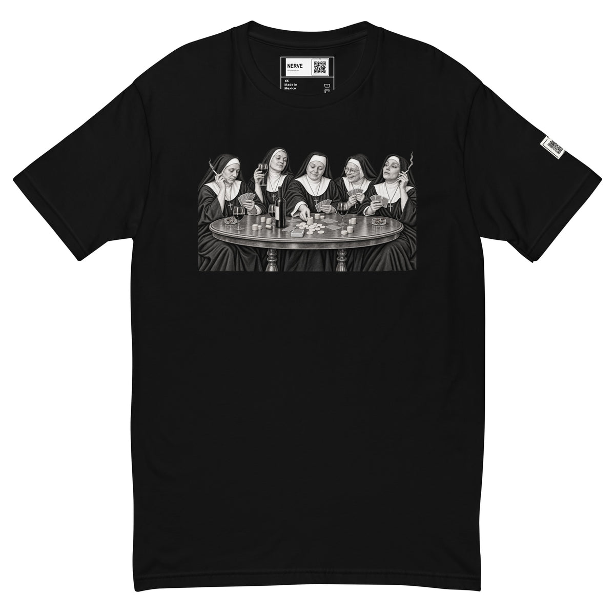 Black short-sleeve tee with a black-and-white illustration of five nuns holding cards around a table with round pieces on it.