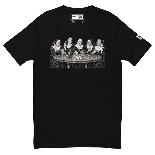 Black short-sleeve tee with a black-and-white illustration of five nuns holding cards around a table with round pieces on it.