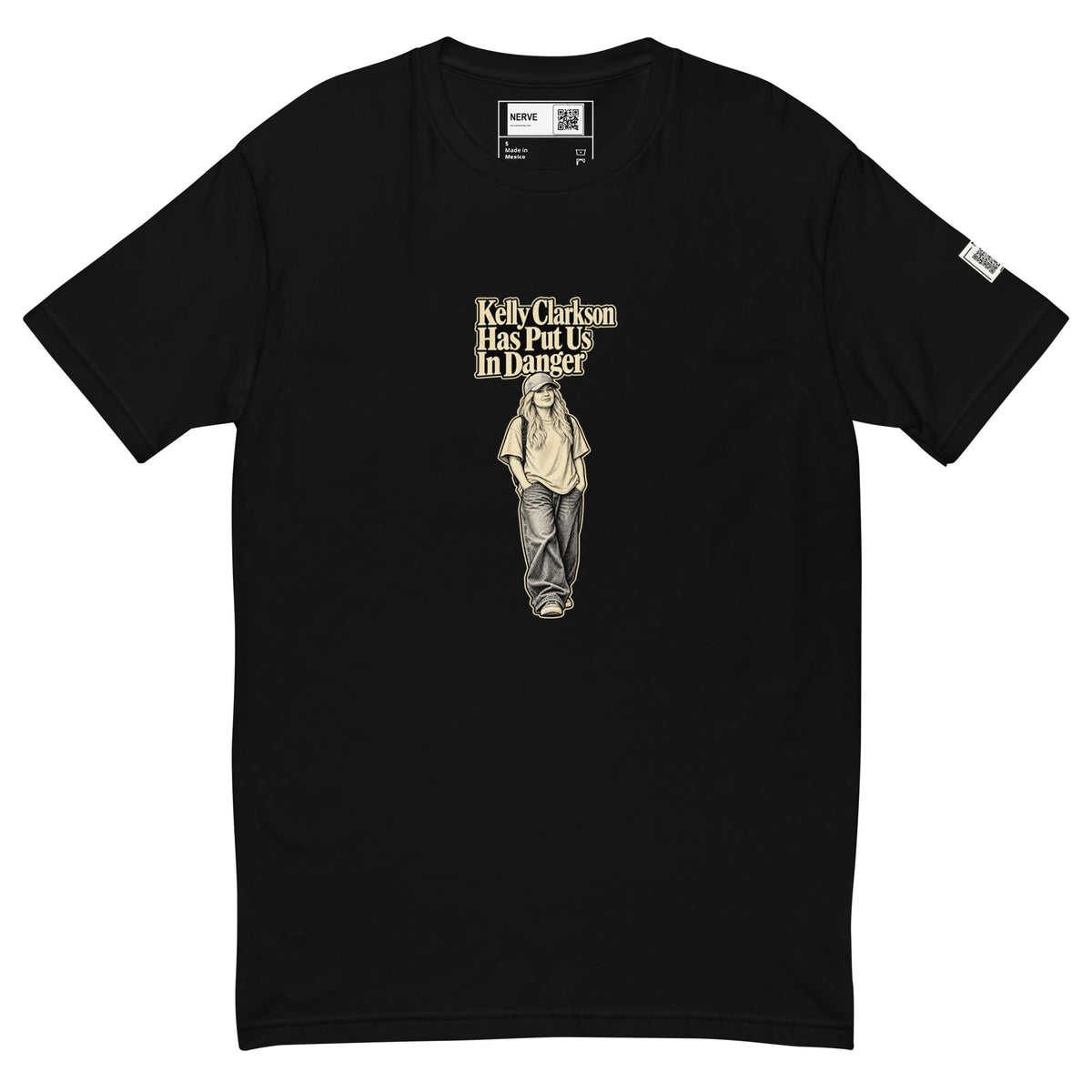 Black Kelly Clarkson Has Put Us In Danger graphic tee, front view with portrait print and left-sleeve QR code.