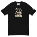 Black Held / Accountable graphic tee, front view with cream typography, inside label and left-sleeve QR code.