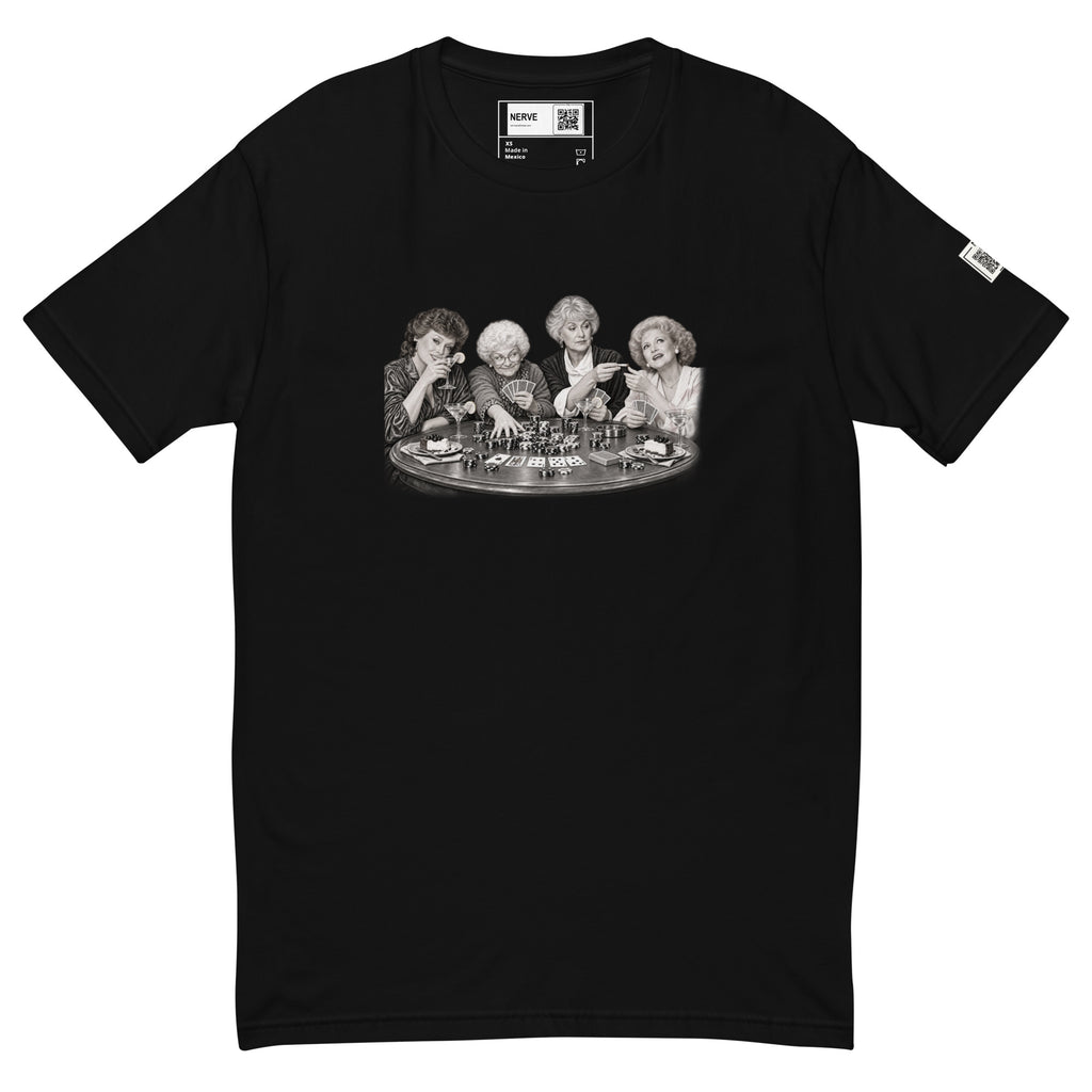 Black short-sleeve tee with a black-and-white illustration of four women playing cards around a round table.