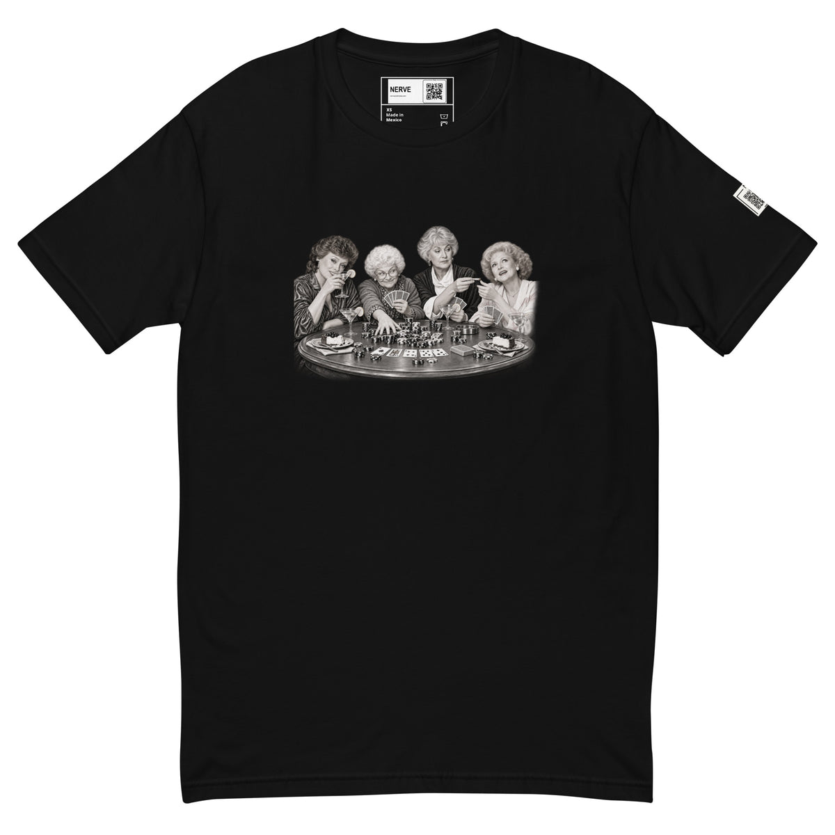 Black short-sleeve tee with a black-and-white illustration of four women playing cards around a round table.