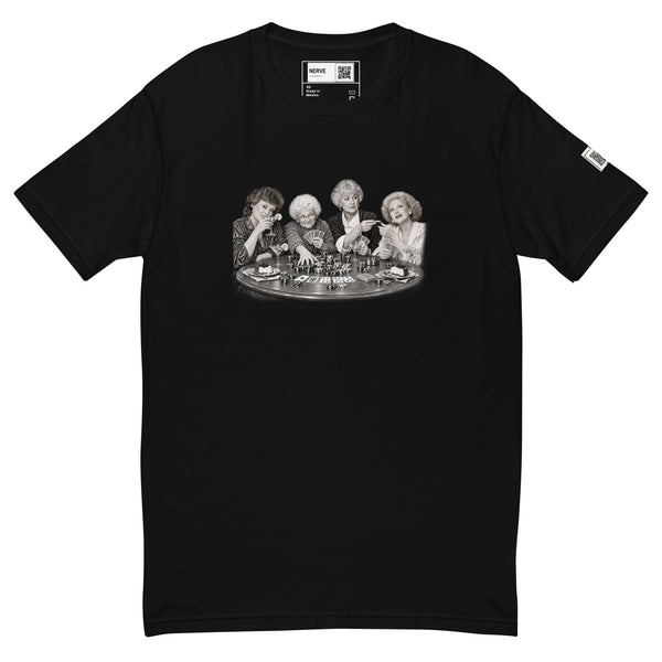 Black short-sleeve tee with a black-and-white illustration of four women playing cards around a round table.