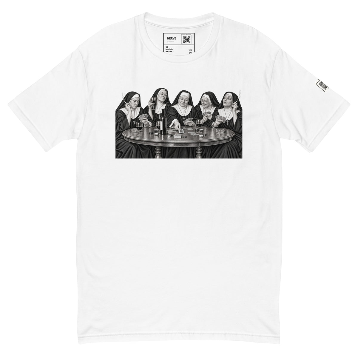 White short-sleeve tee with a black-and-white illustration of five nuns holding cards around a round table.