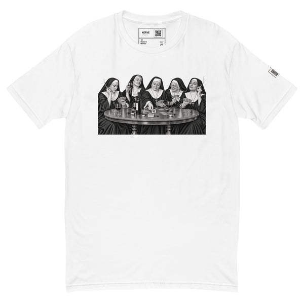 White short-sleeve tee with a black-and-white illustration of five nuns holding cards around a round table.