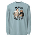 Agave long-sleeve tee with “It says fold it in!” lettering, a man in an apron stirring a pot and a woman holding a card and bowl.