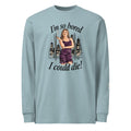 Agave long-sleeve tee with “I’m so bored I could die!” lettering and a woman in a purple dress holding a cigarette against a city skyline.