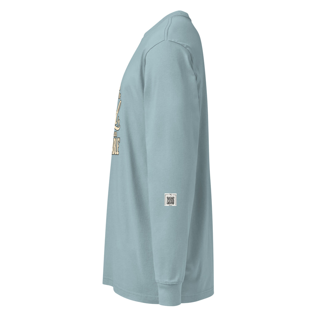 Agave Held / Accountable long-sleeve tee, left-side view showing a small QR code on the lower sleeve.