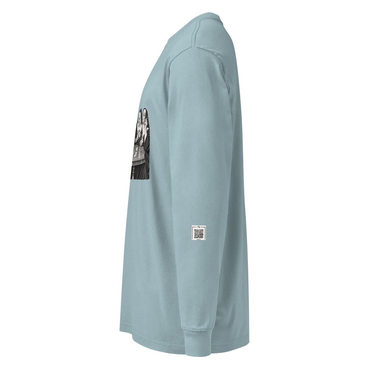 Agave Nuns Communion Wafers long-sleeve tee, left-side view showing a small QR code on the lower sleeve.
