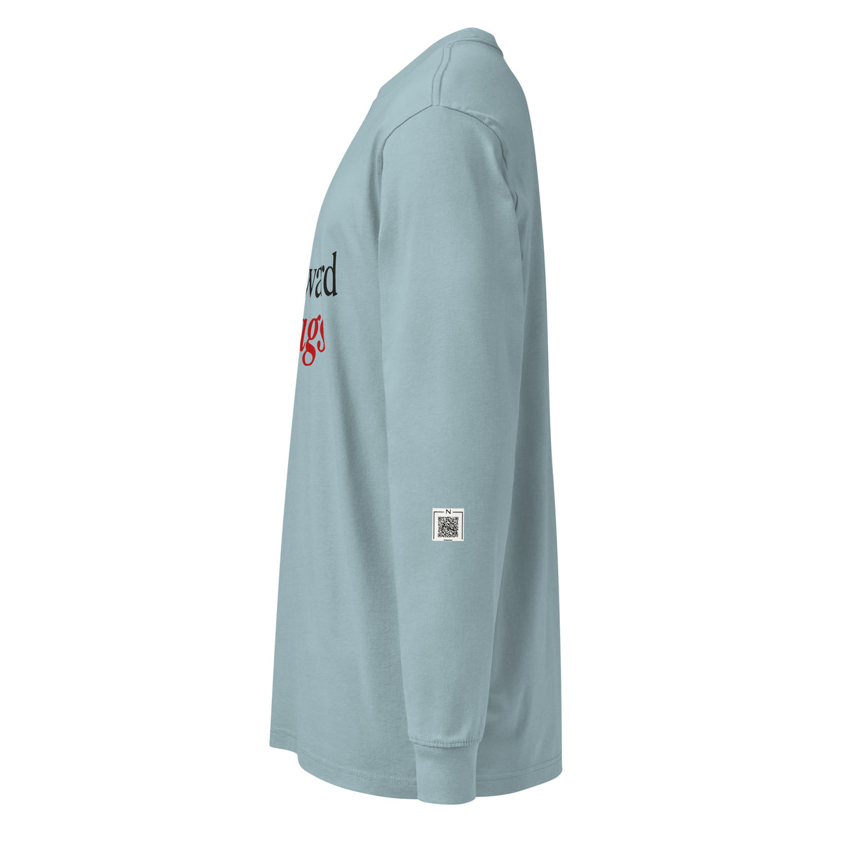 Agave I Run Toward Red Flags long-sleeve tee, left-side view showing a small QR code on the lower sleeve.