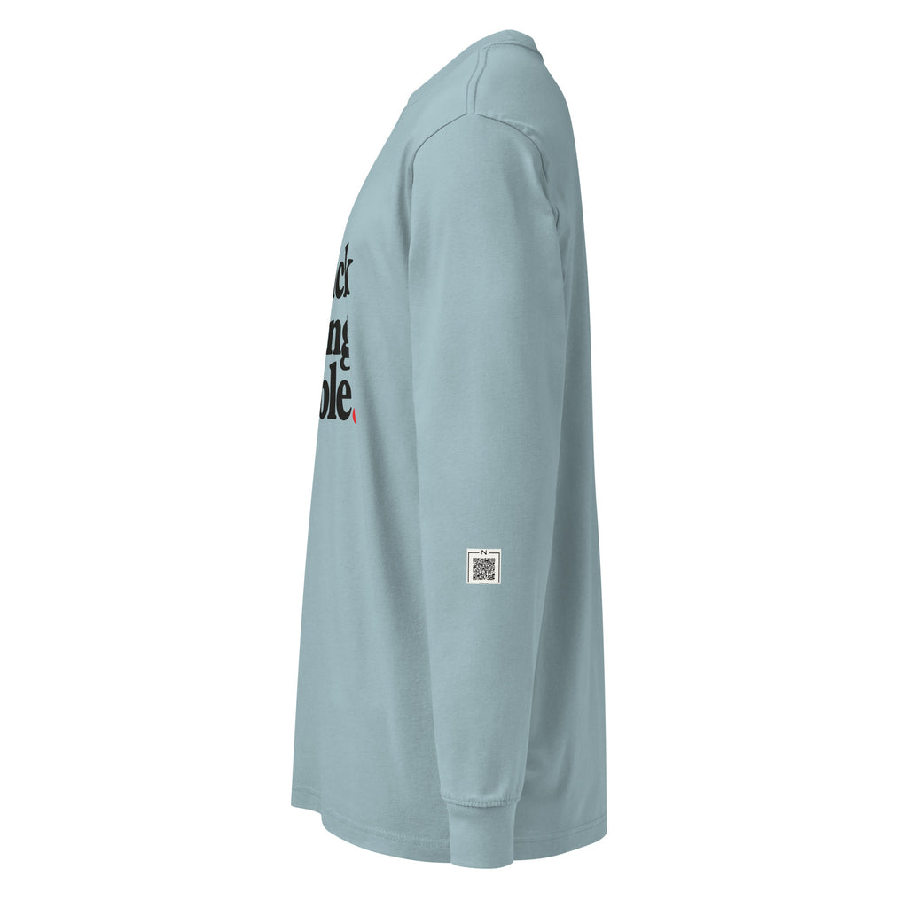 Agave Sick of Being Humble long-sleeve tee, left-side view showing a small QR code on the lower sleeve.