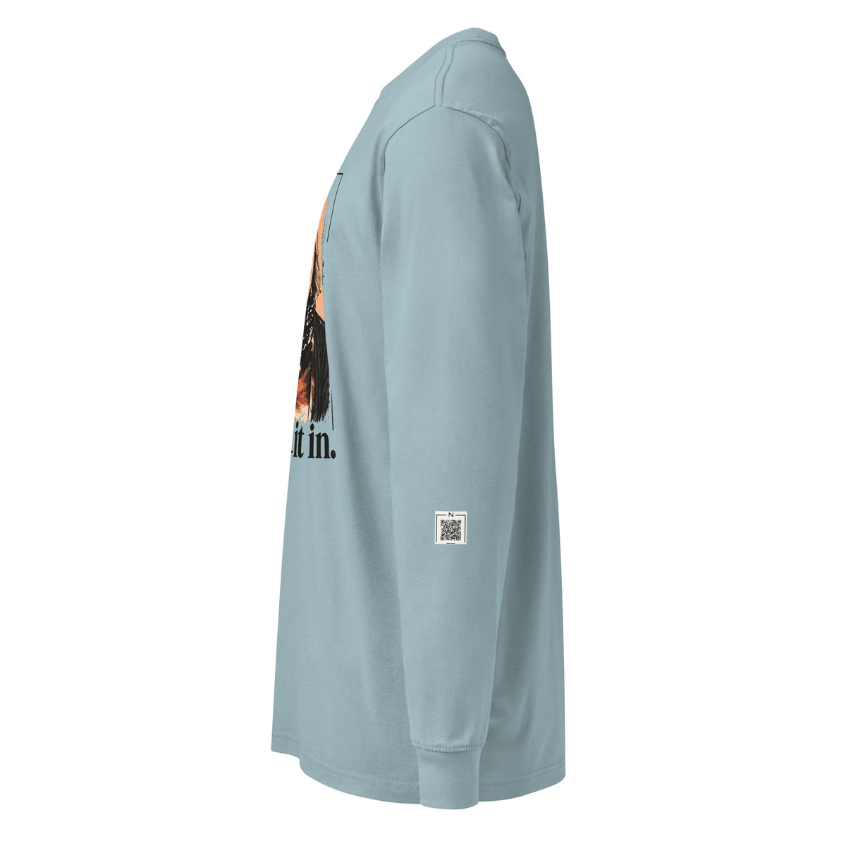 Agave You Fold It In long-sleeve tee, left side showing a QR code on the lower sleeve.