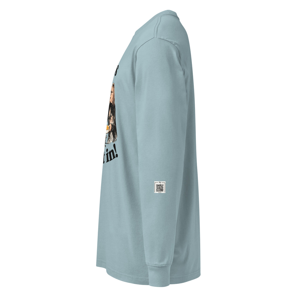 Agave It Says Fold It In long-sleeve tee, left side showing a QR code on the lower sleeve.