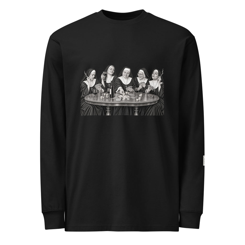 Black long-sleeve tee with a monochrome illustration of five nuns seated around a round table.