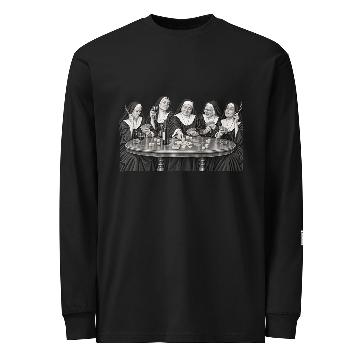 Black long-sleeve tee with a monochrome illustration of five nuns seated around a round table.