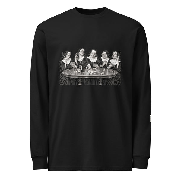 Black long-sleeve tee with a monochrome illustration of five nuns seated around a round table.