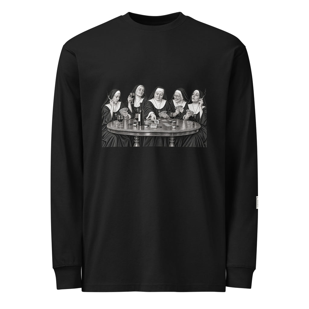 Black long-sleeve tee with a monochrome illustration of five nuns seated around a round table.