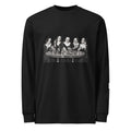 Black long-sleeve tee with a monochrome illustration of five nuns seated around a round table.