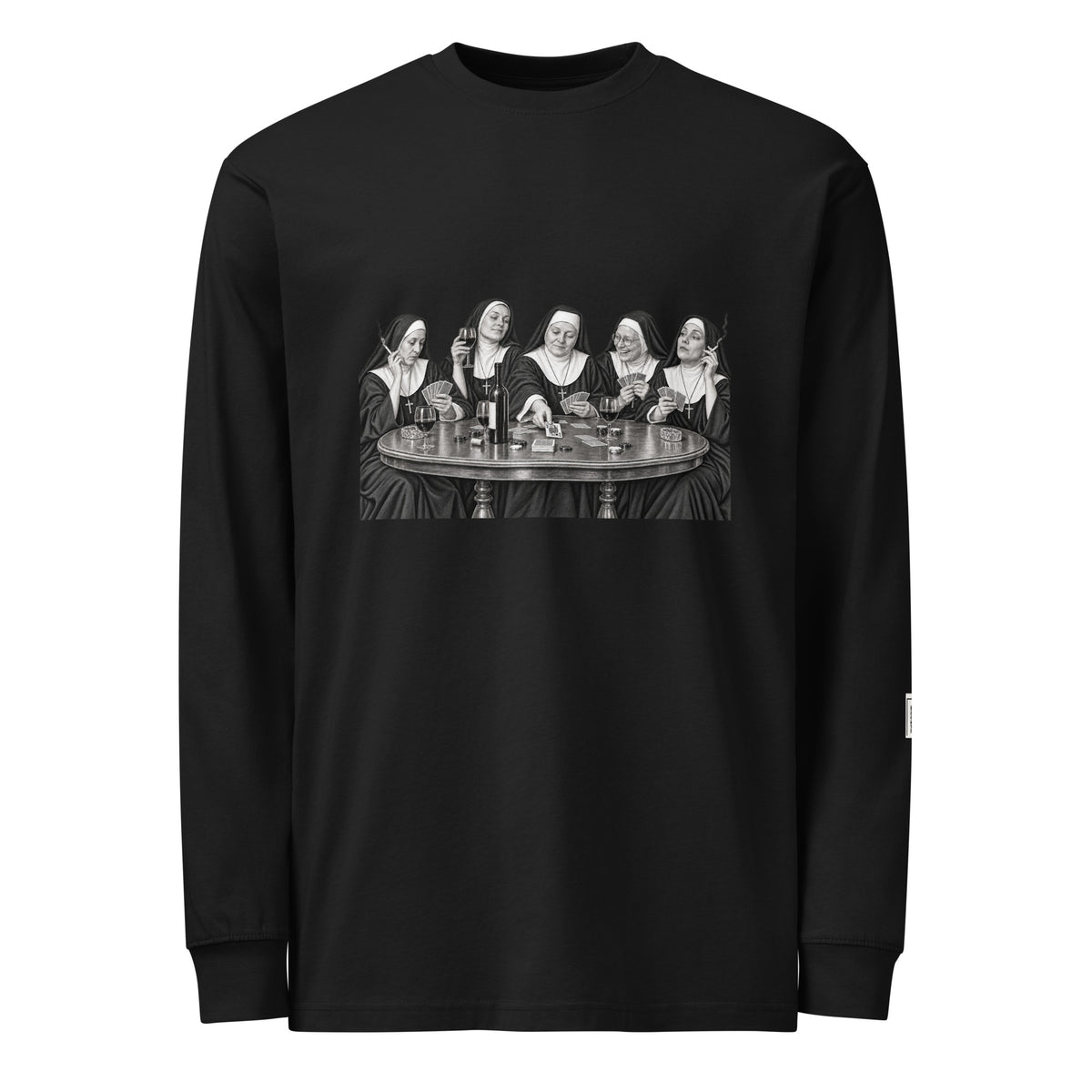 Black long-sleeve tee with a monochrome illustration of five nuns seated around a round table.