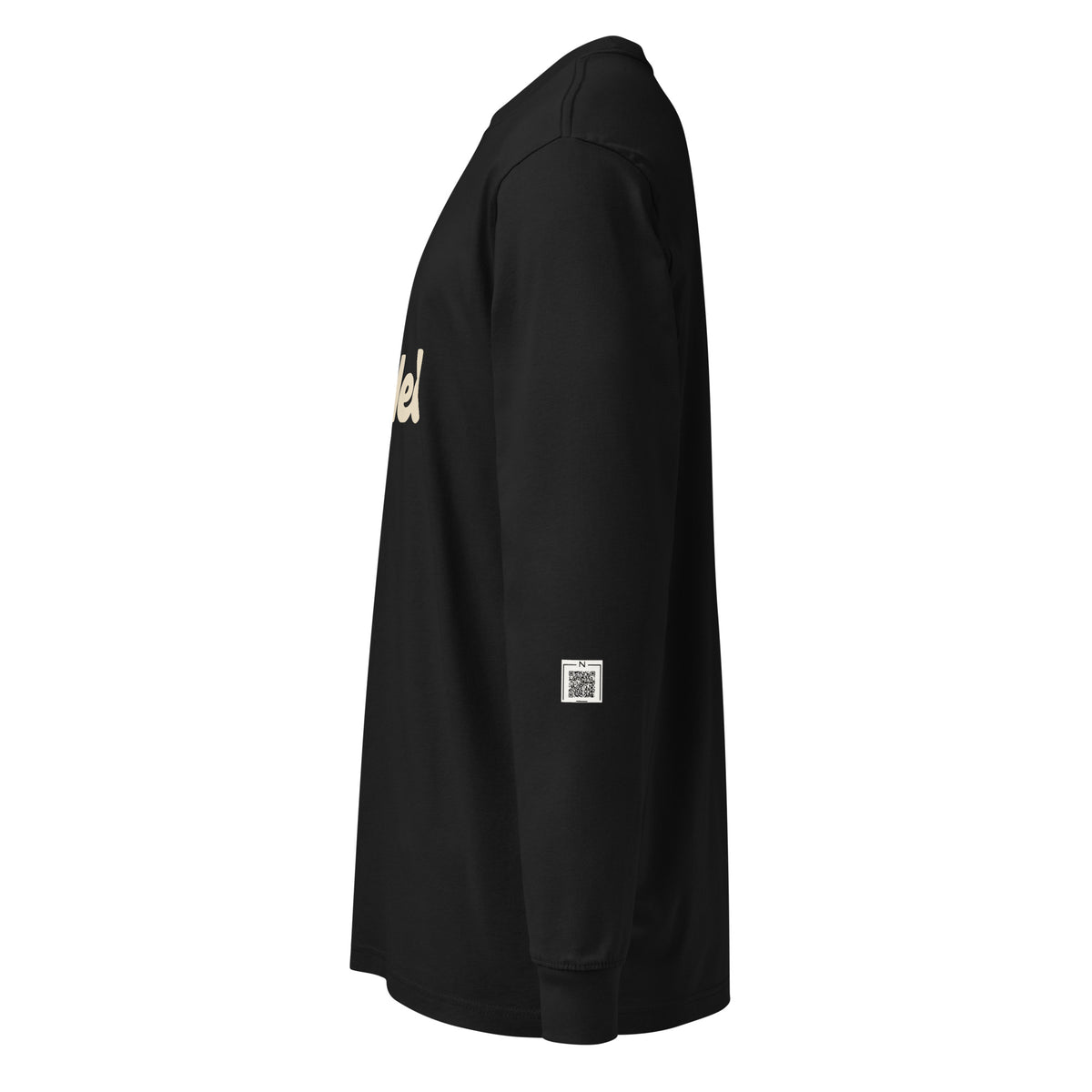 Black Am I Canceled Yet? long-sleeve tee, left-side view showing a small QR code on the lower sleeve.