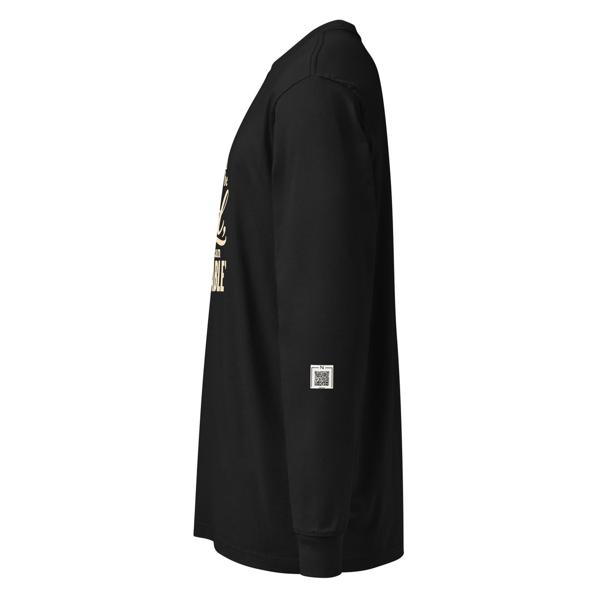 Black Held / Accountable long-sleeve tee, left-side view showing a small QR code on the lower sleeve.