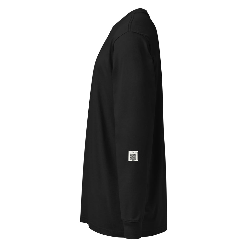 Black Kelly Clarkson long-sleeve tee, left-side view showing a small QR code on the lower sleeve.