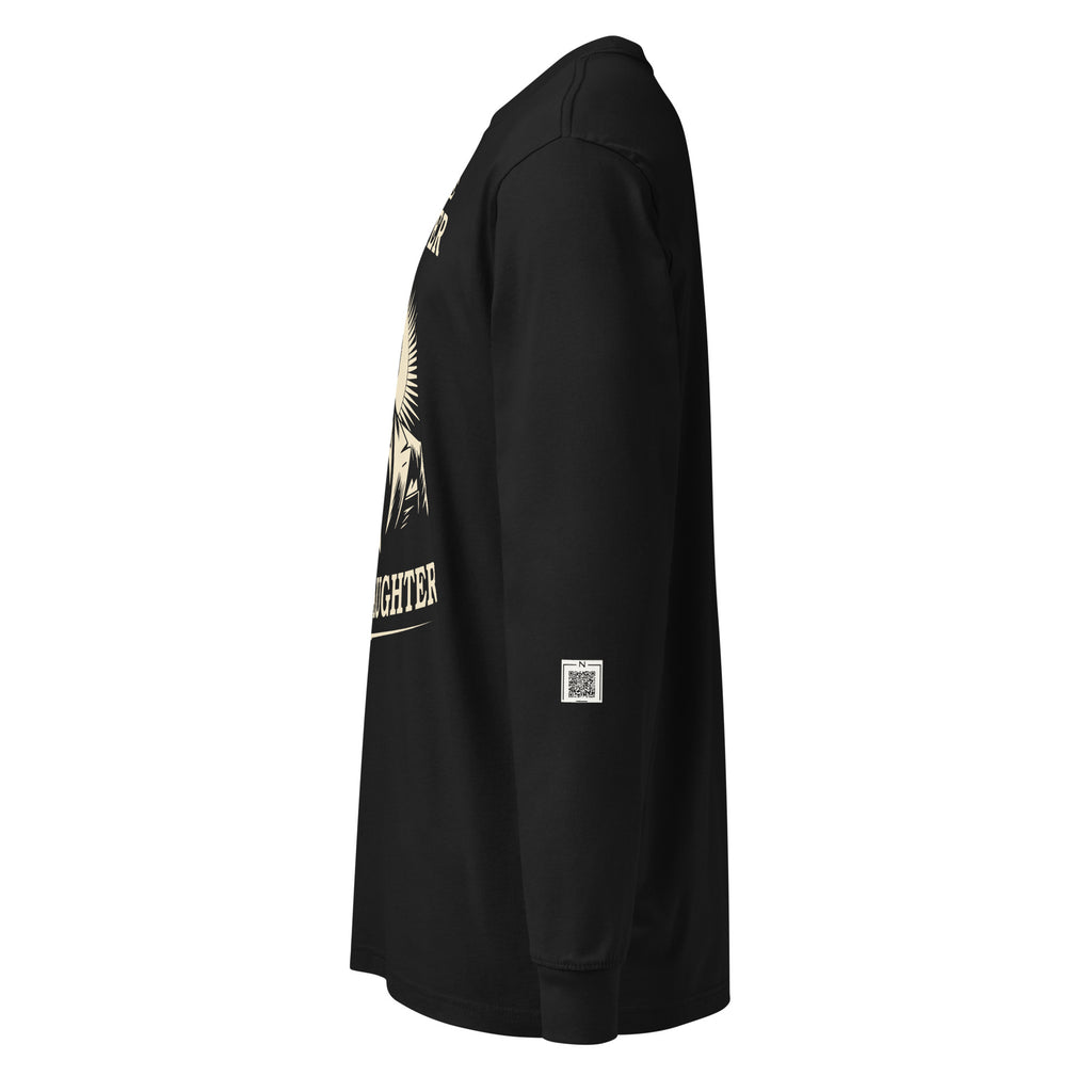 Black Manslaughter long-sleeve tee, left-side view showing a small QR code on the lower sleeve.