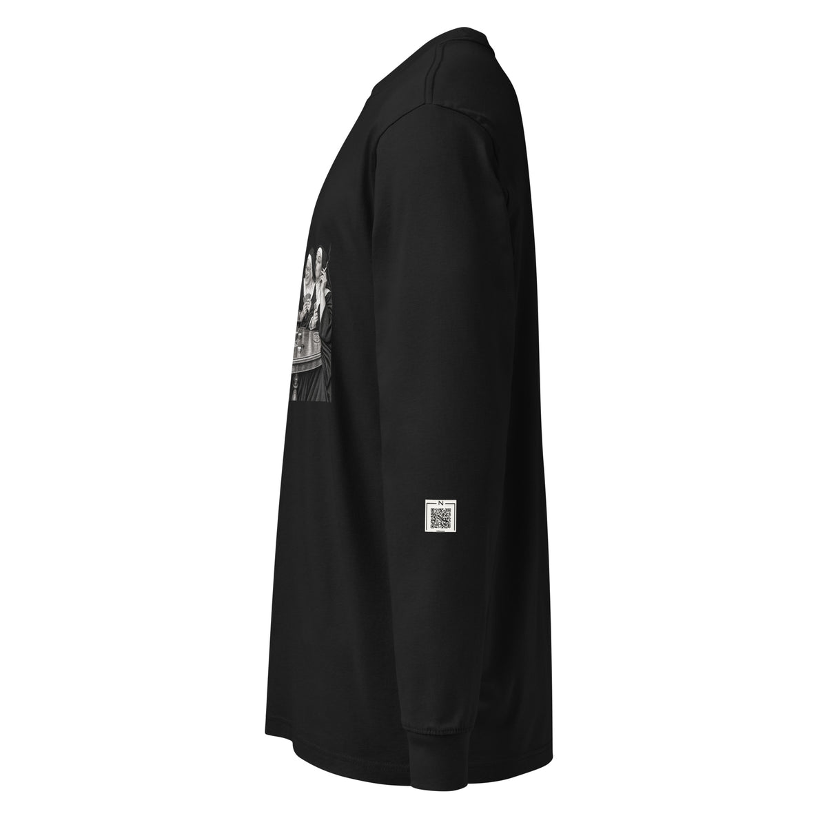 Black Nuns Card Night long-sleeve tee, left-side view showing a small QR code on the lower sleeve.
