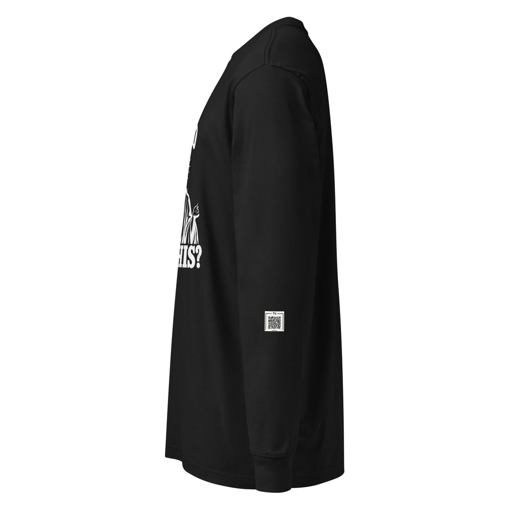 Black I Died for This long-sleeve tee, left-side view showing a small QR code on the lower sleeve.