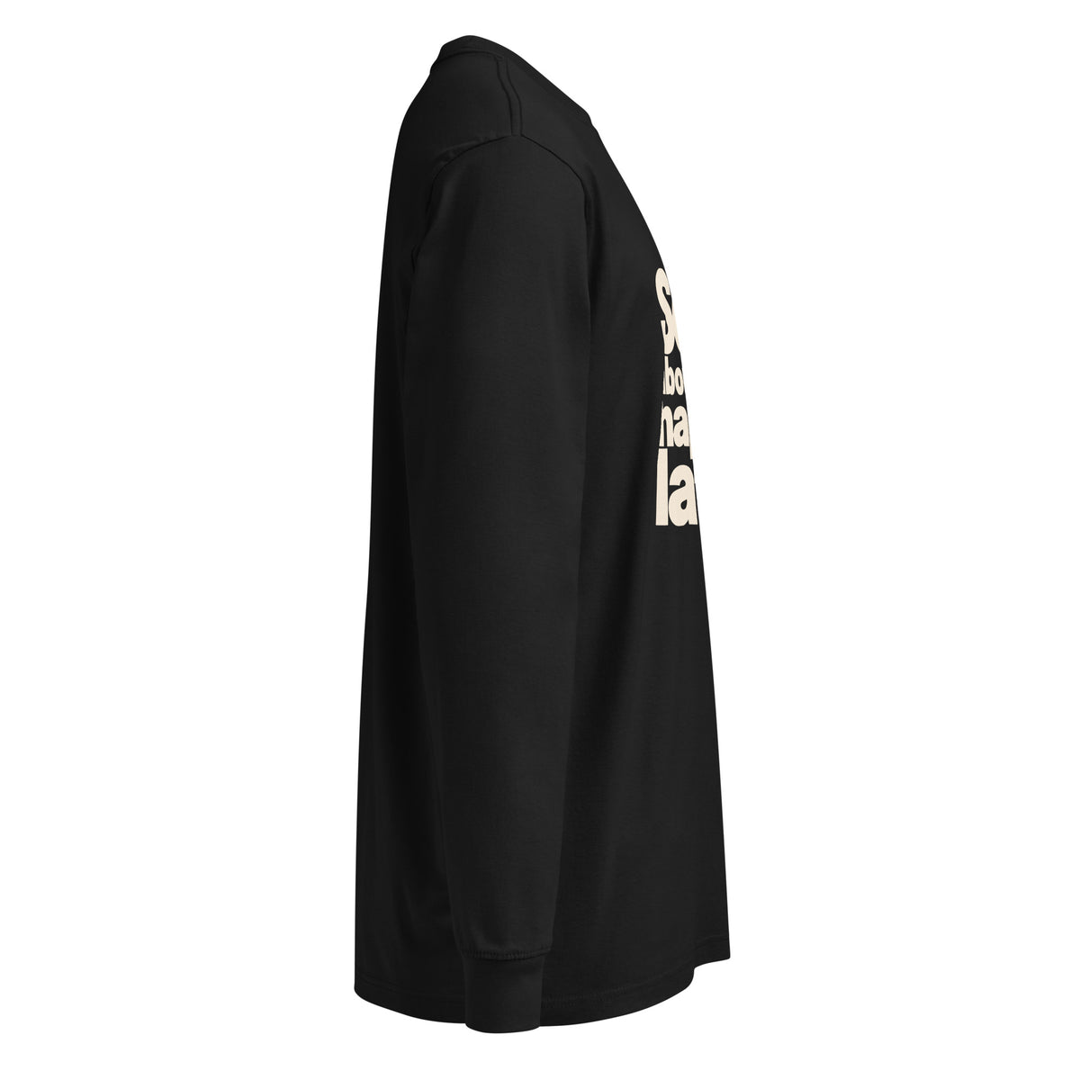 Black Sorry About What Happens Later long-sleeve tee, right-side view.