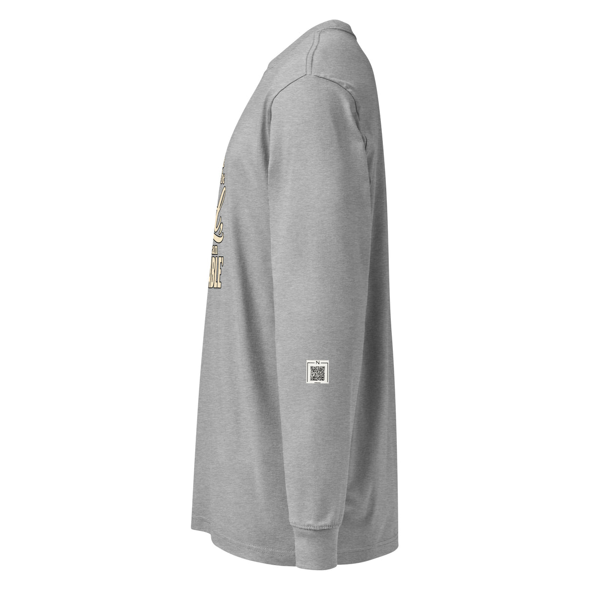Carbon Grey Held / Accountable long-sleeve tee, left-side view showing a small QR code on the lower sleeve.