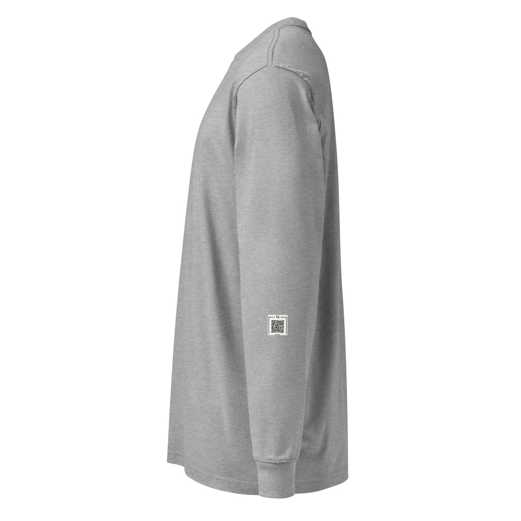 Carbon Grey Kelly Clarkson long-sleeve tee, left-side view showing a small QR code on the lower sleeve.