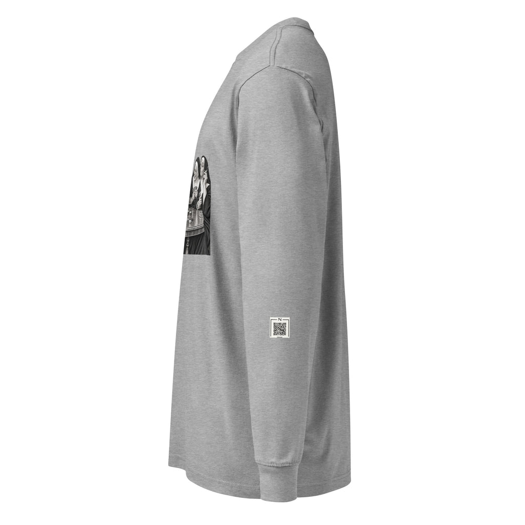 Carbon Grey Nuns Card Night long-sleeve tee, left-side view showing a small QR code on the lower sleeve.