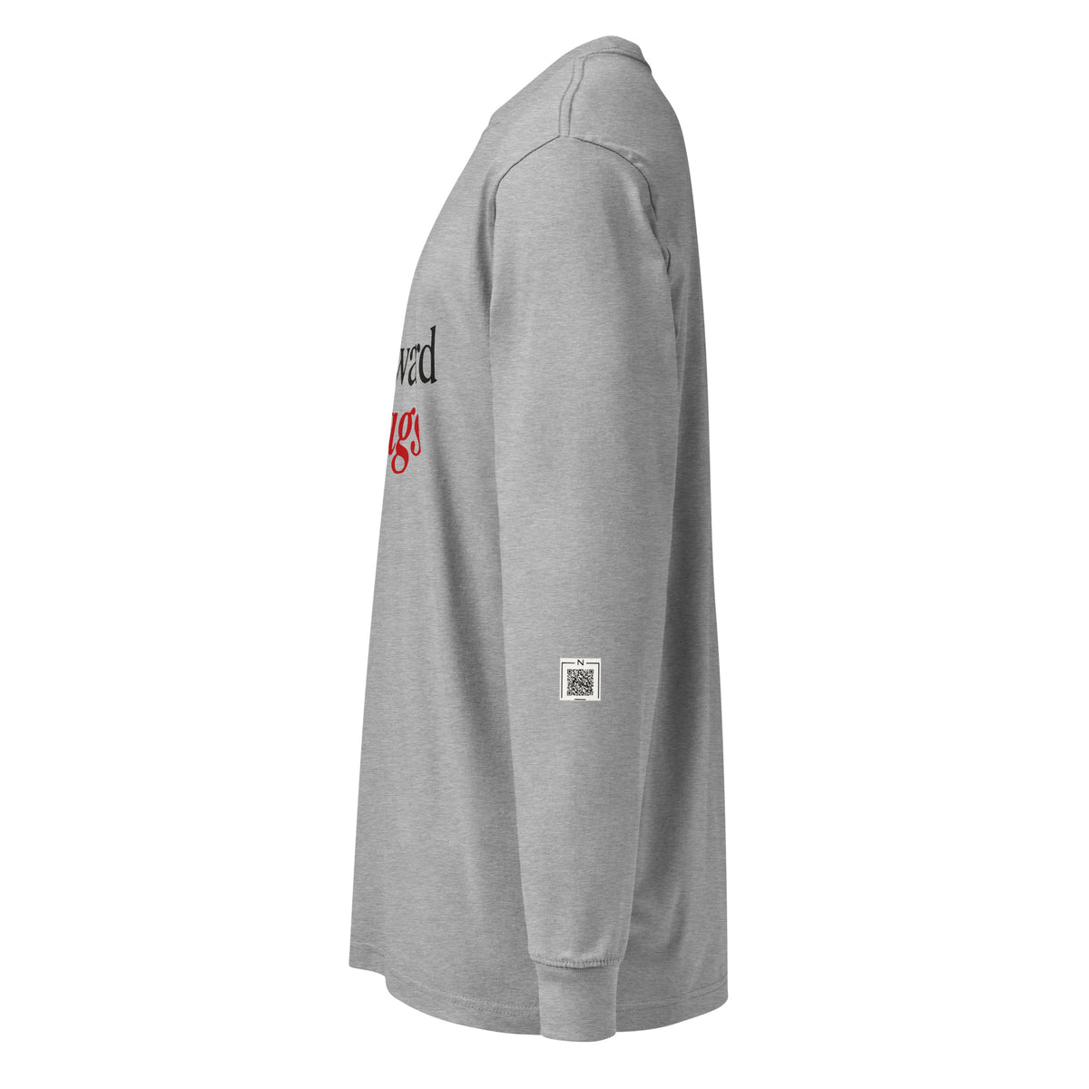 Carbon Grey I Run Toward Red Flags long-sleeve tee, left-side view showing a small QR code on the lower sleeve.