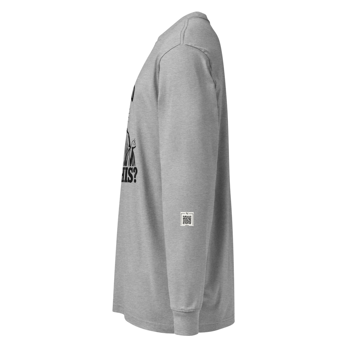 Carbon Grey I Died for This long-sleeve tee, left-side view showing a small QR code on the lower sleeve.