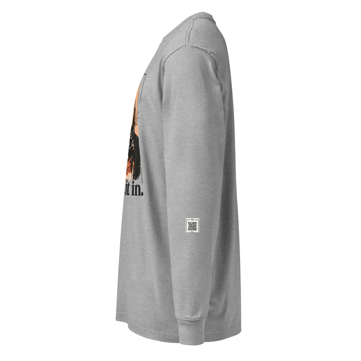 Carbon Grey You Fold It In long-sleeve tee, left side showing a QR code on the lower sleeve.