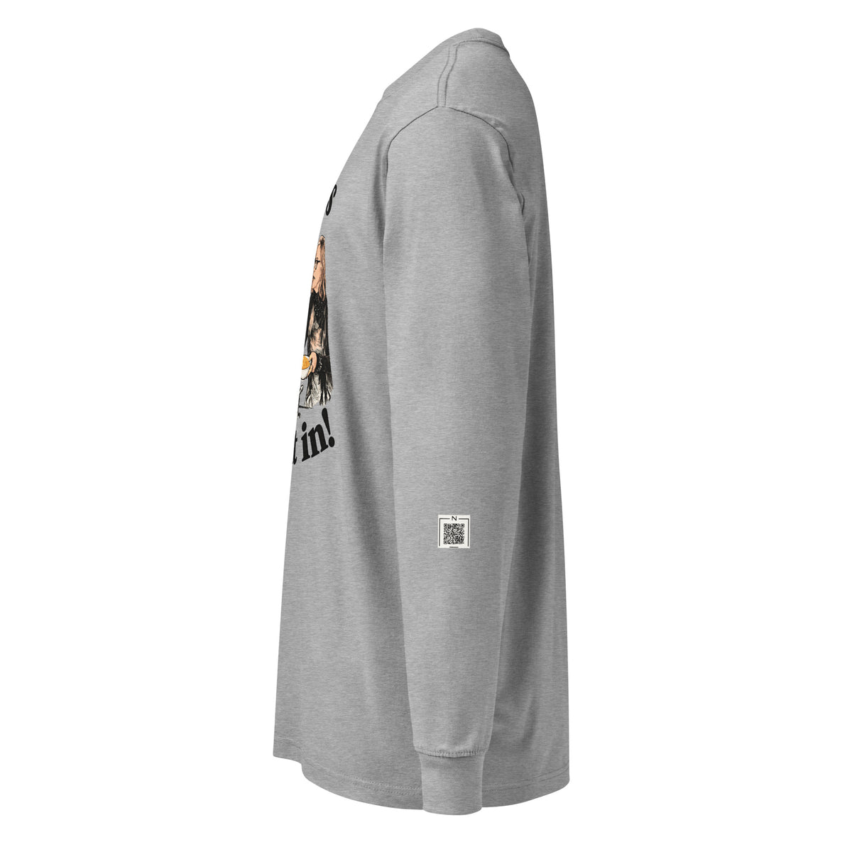 Carbon Grey It Says Fold It In long-sleeve tee, left side showing a QR code on the lower sleeve.