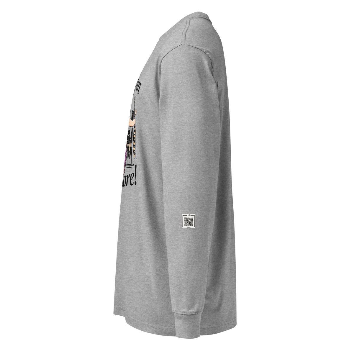 Carbon Grey Nobody’s Fun Anymore long-sleeve tee, left side showing a QR code on the lower sleeve.