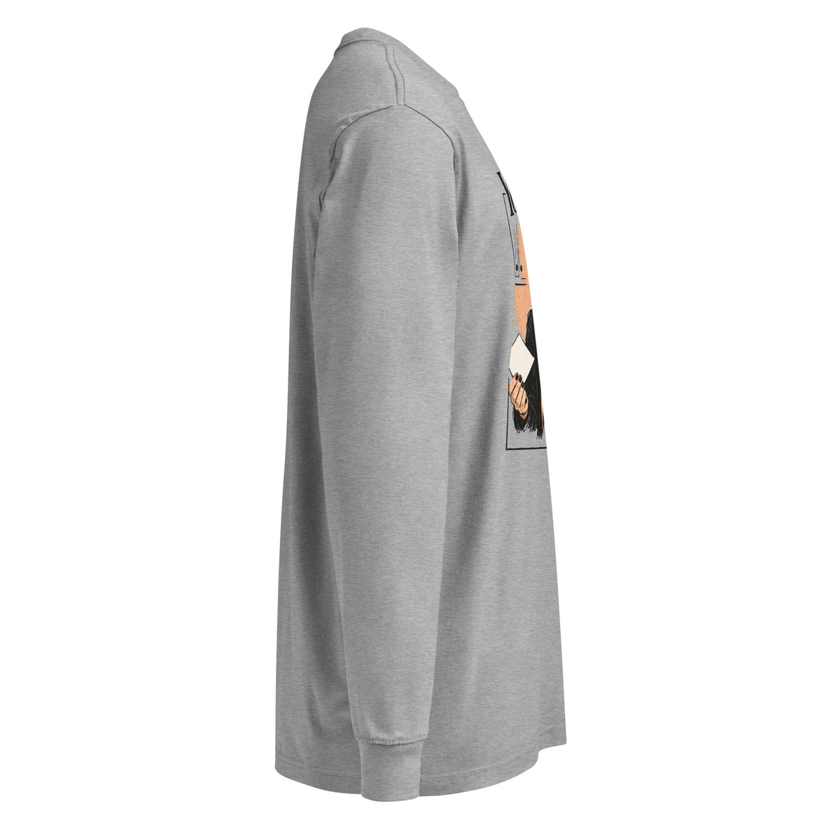 Carbon Grey You Fold It In long-sleeve tee, right side with part of the front graphic visible.
