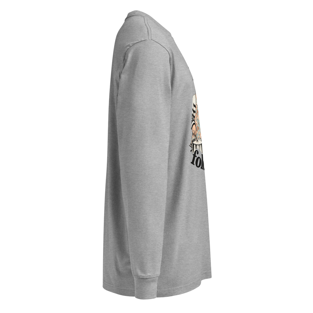 Carbon Grey It Says Fold It In long-sleeve tee, right side with part of the front graphic visible.