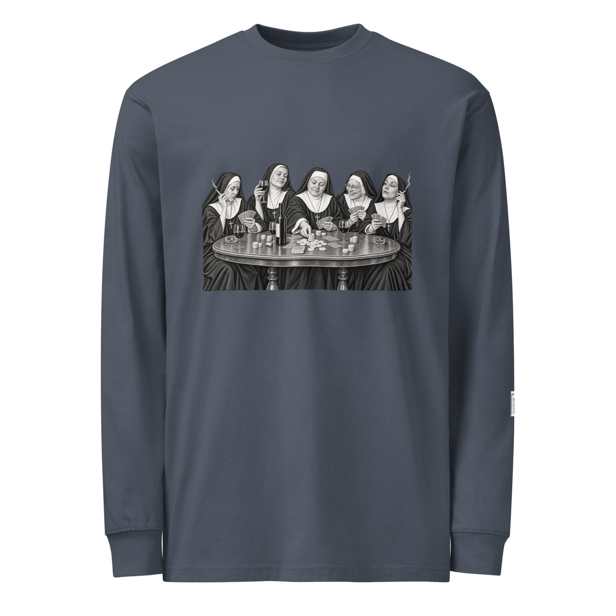 Harbor Blue long-sleeve tee with a monochrome illustration of five nuns seated around a round table.