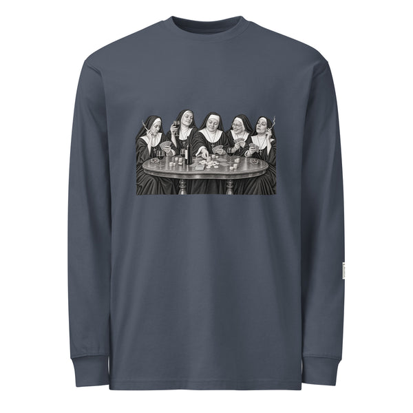 Harbor Blue long-sleeve tee with a monochrome illustration of five nuns seated around a round table.