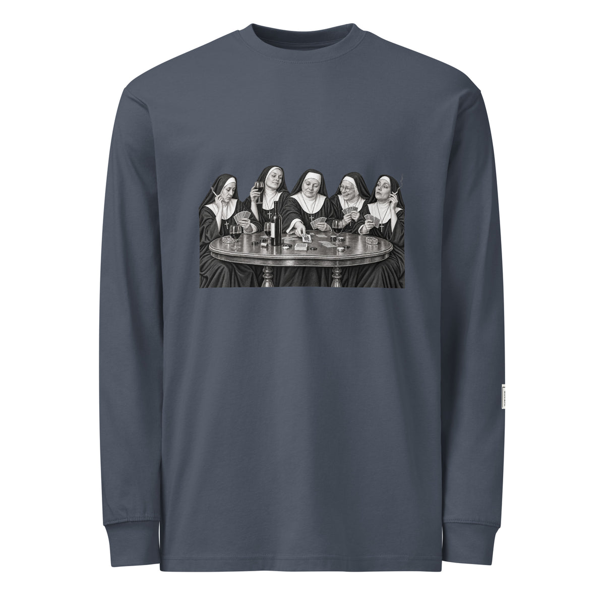 Harbor Blue long-sleeve tee with a monochrome illustration of five nuns seated around a round table.
